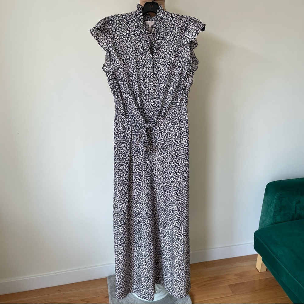 Rebecca Taylor Ruffle Sleeve Silk Blue Floral Print Wide Leg Jumpsuit EUC Size 8